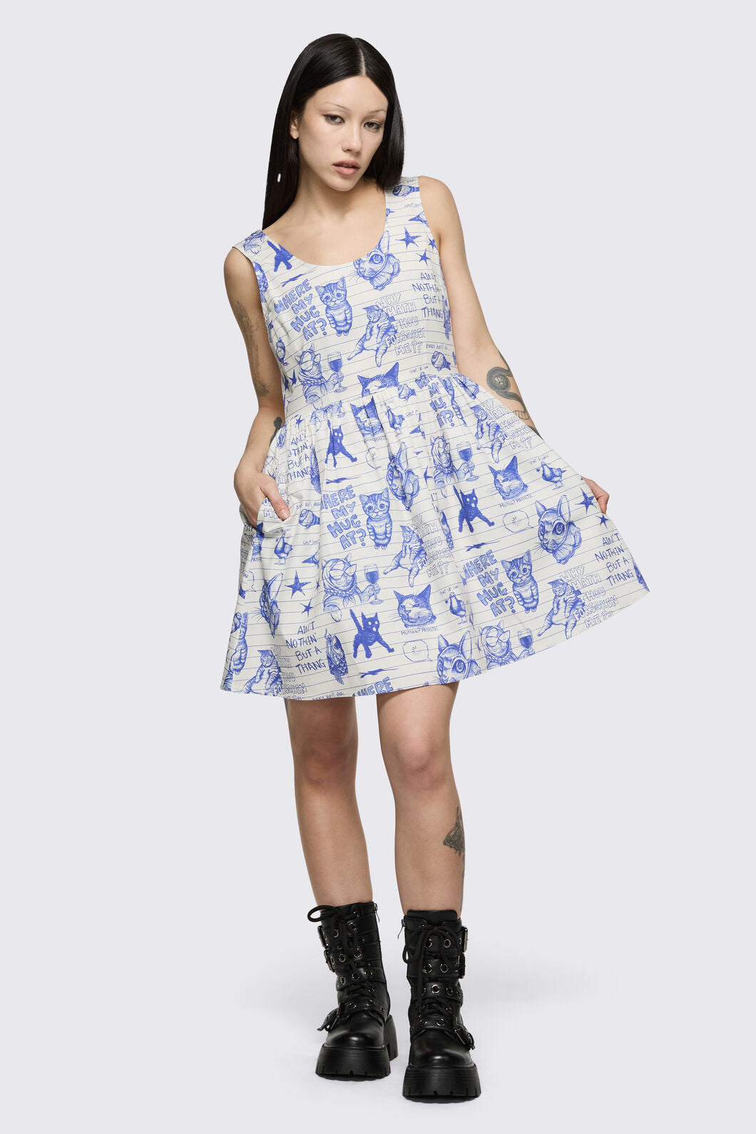 Dangerfield - Sketchy Cat Dress - white-purple