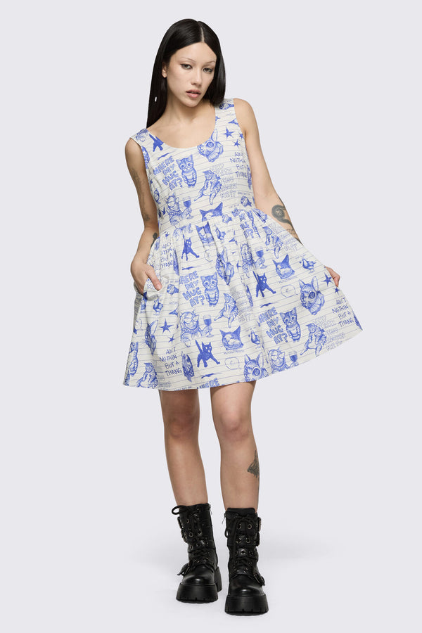 Dangerfield - Sketchy Cat Dress - white-purple
