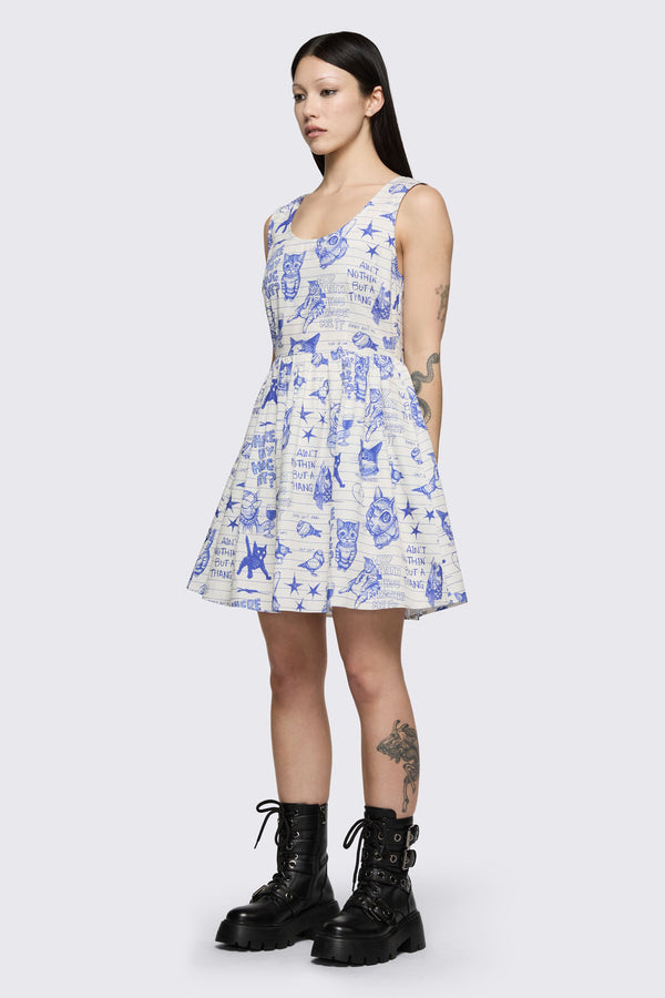 Dangerfield - Sketchy Cat Dress - white-purple