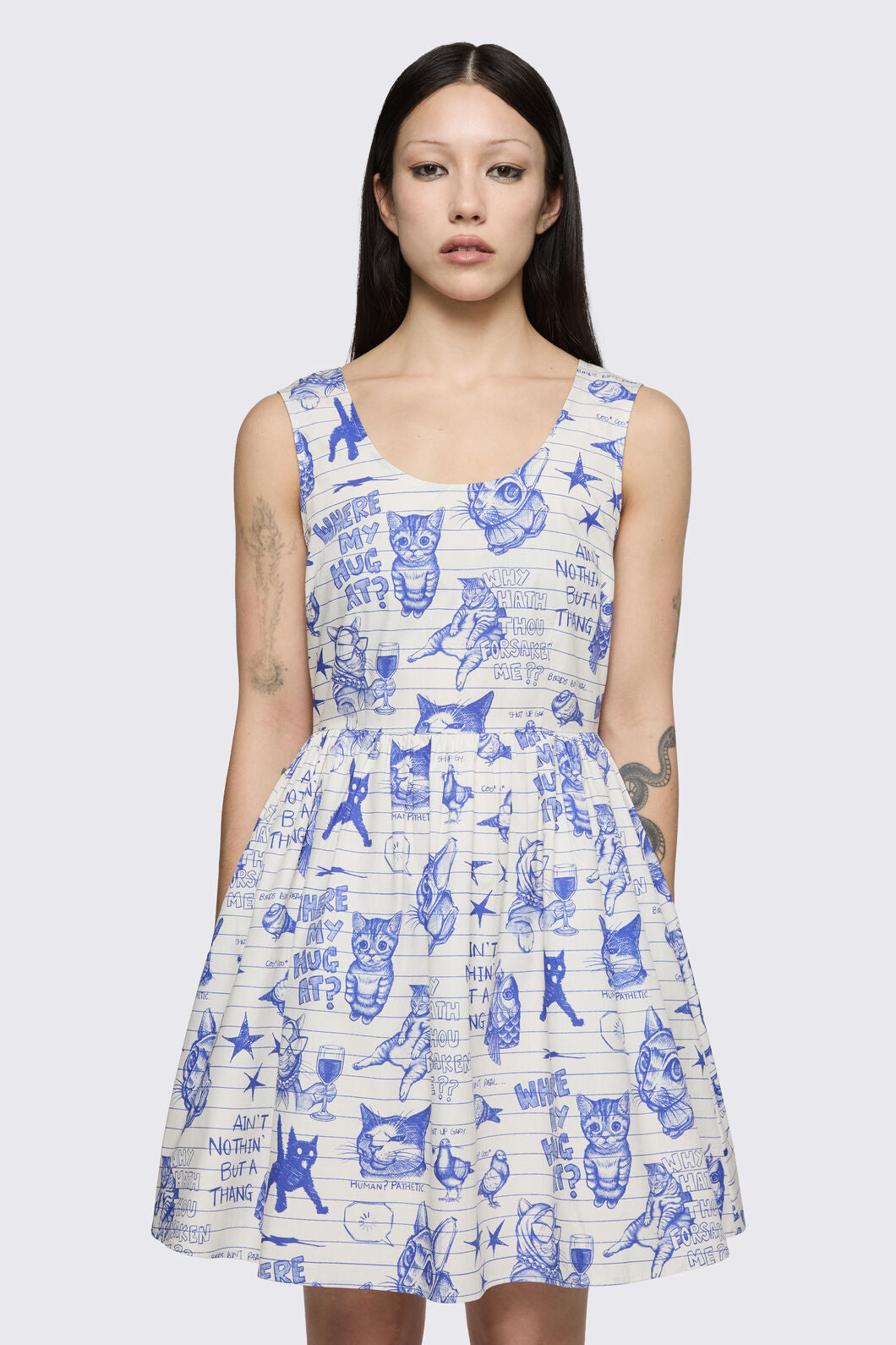 Dangerfield - Sketchy Cat Dress - white-purple