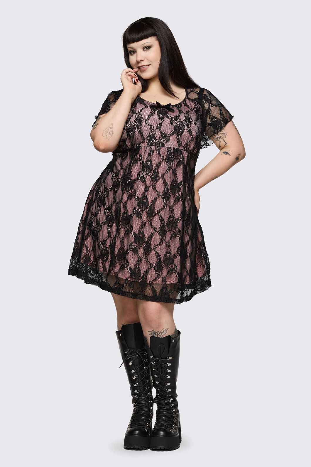 Dangerfield - Curve Broken Roller Coaster Lace Babydoll Dress - black-pink