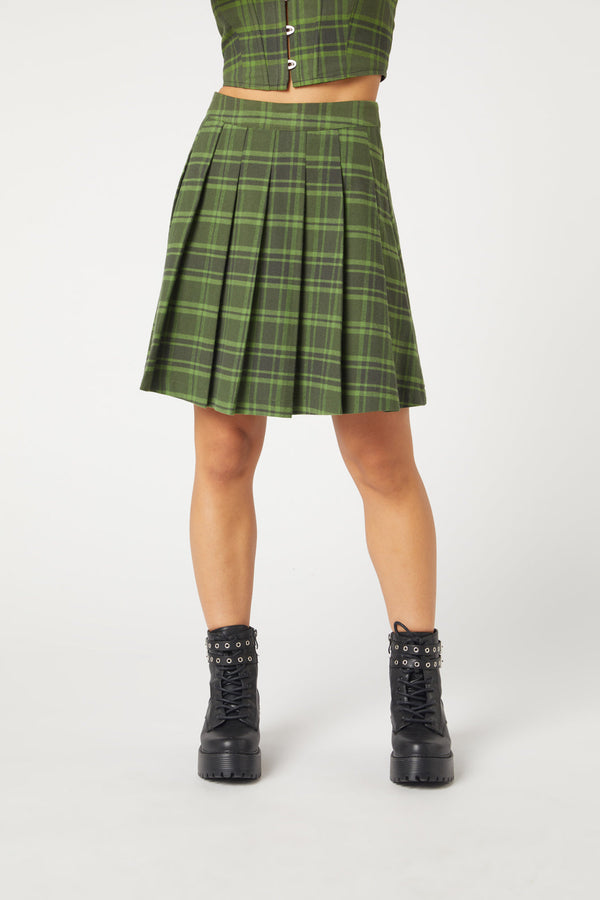 Dangerfield - Meadow Tartan Pleated Skirt - olive