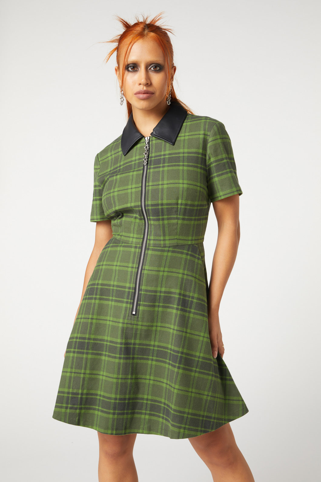 Dangerfield - Meadow Tartan Zipper Dress - olive