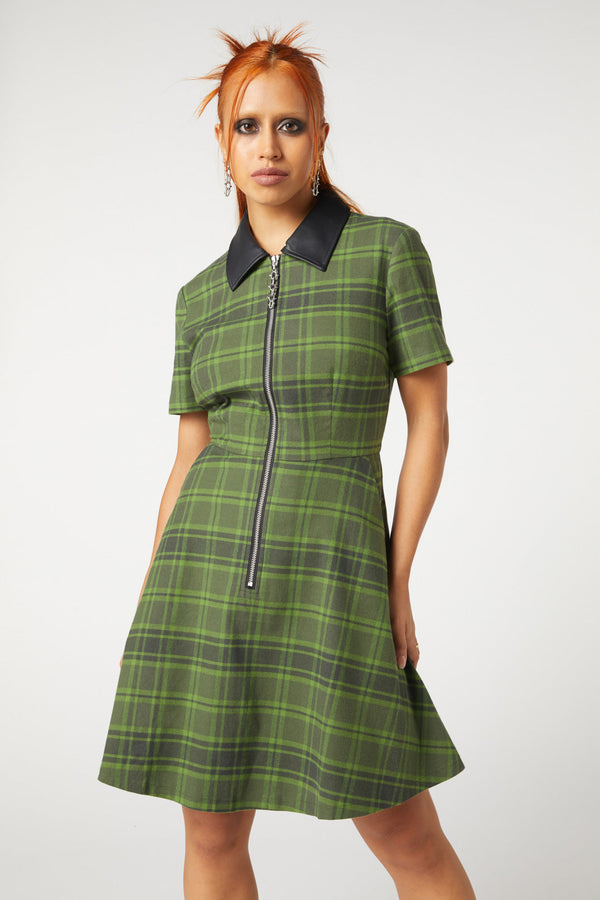 Dangerfield - Meadow Tartan Zipper Dress - olive