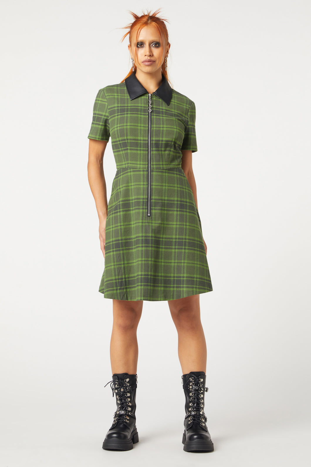 Dangerfield - Meadow Tartan Zipper Dress - olive