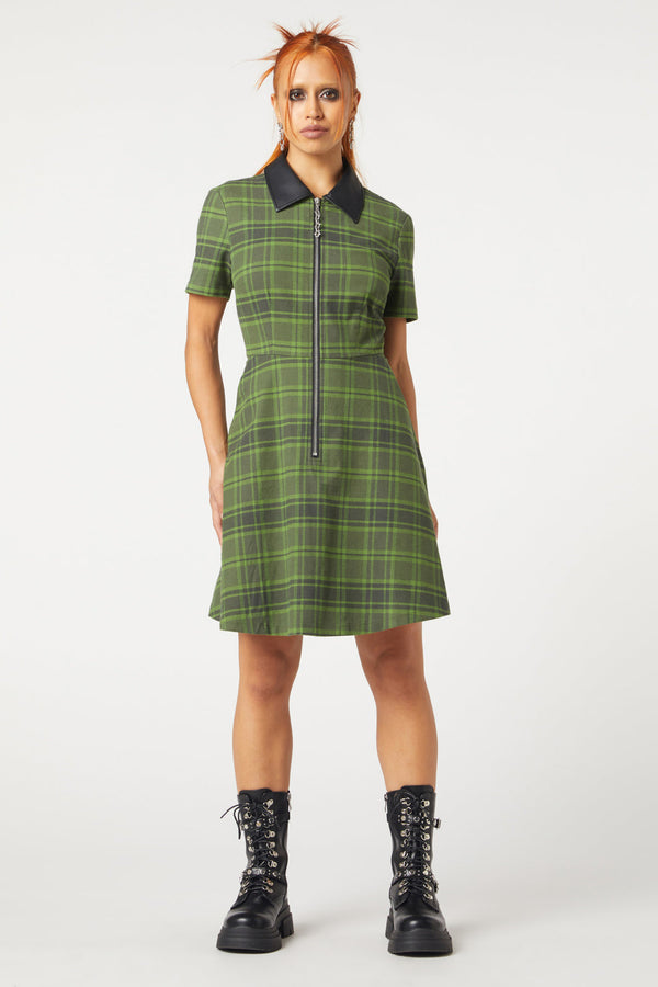Dangerfield - Meadow Tartan Zipper Dress - olive