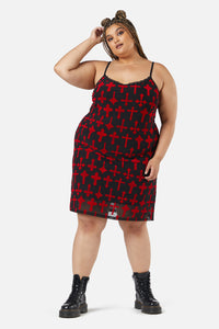 Dangerfield - Curve Vowed Flocked Mesh Dress - red