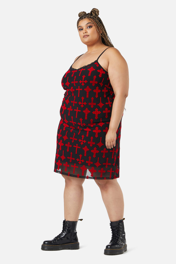 Dangerfield - Curve Vowed Flocked Mesh Dress - red