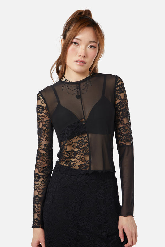 Dangerfield - Lace Splice Mesh Top - black
