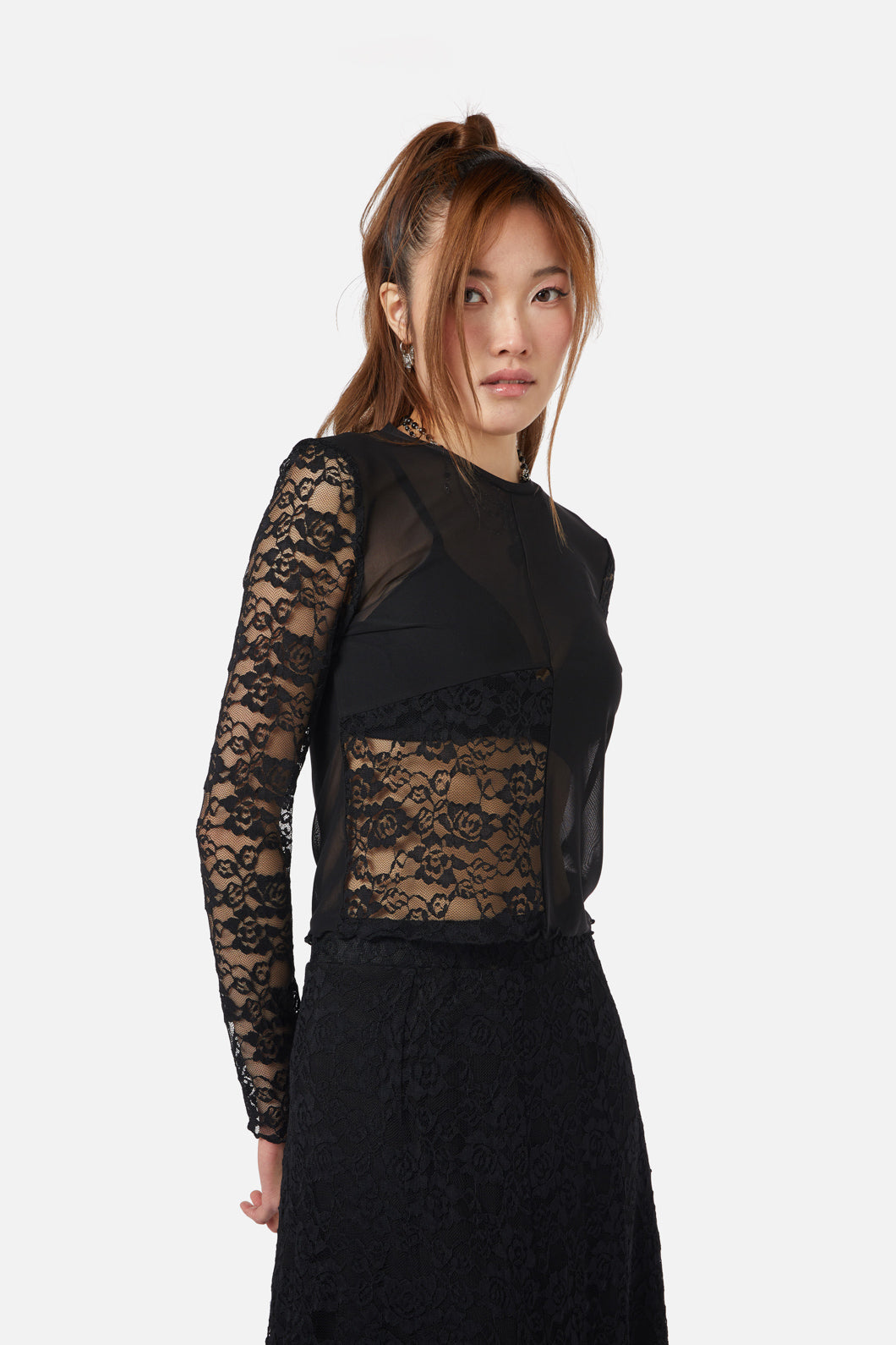 Dangerfield - Lace Splice Mesh Top - black