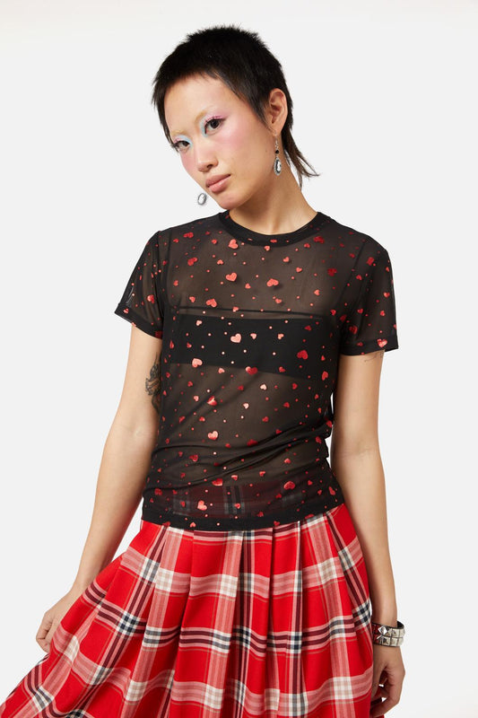 Dangerfield - Queen Of Cats SS Mesh Top - black-red