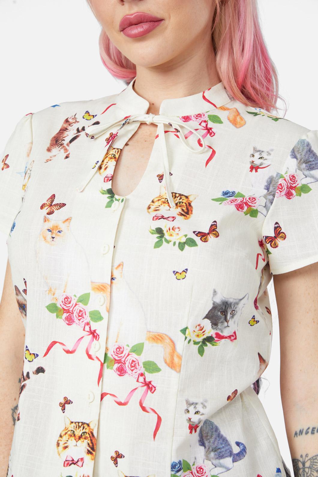 Dangerfield - Kitsch Kitty Print Blouse - cream