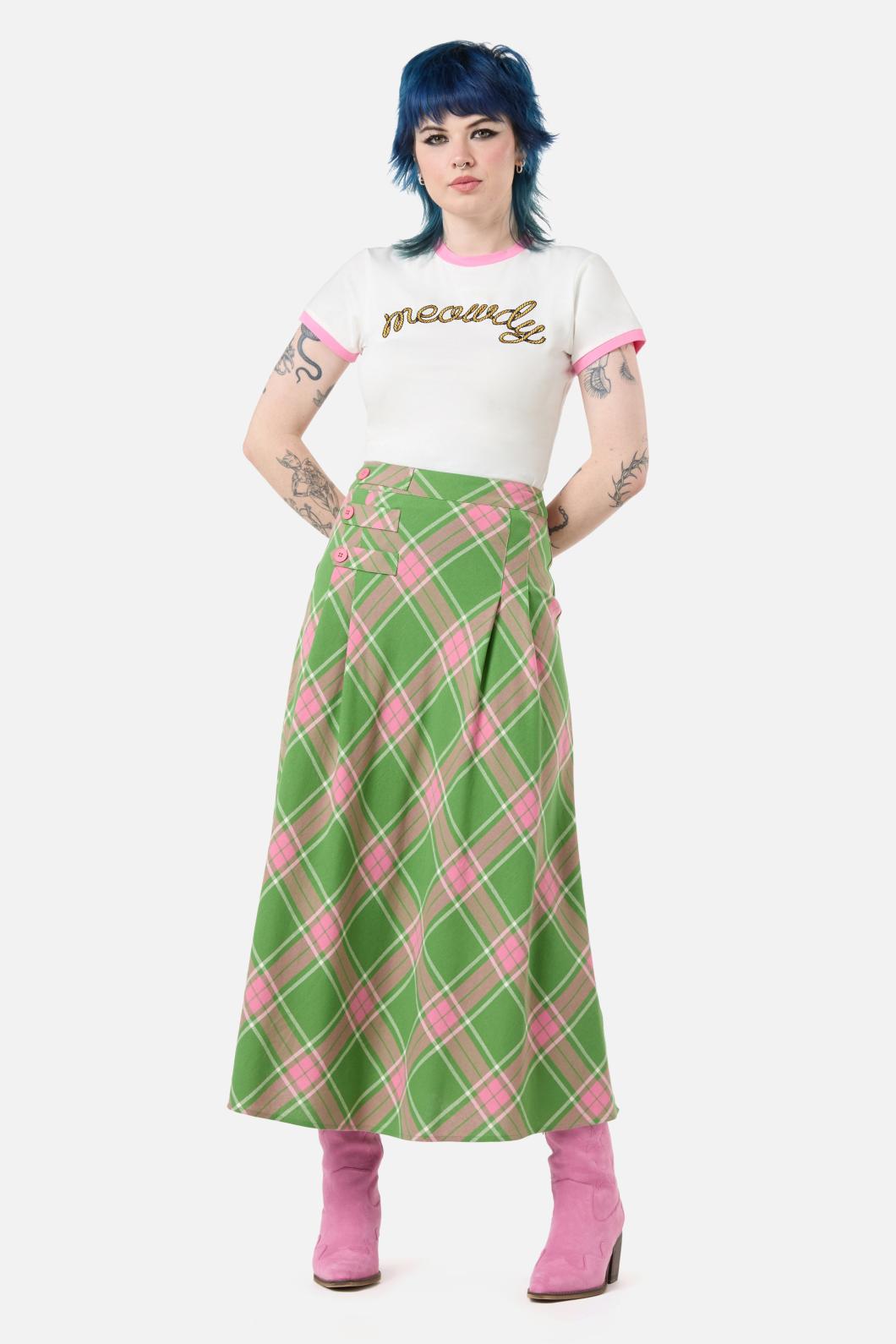 Dangerfield - Ranch Tartan Midi Skirt - green-pink