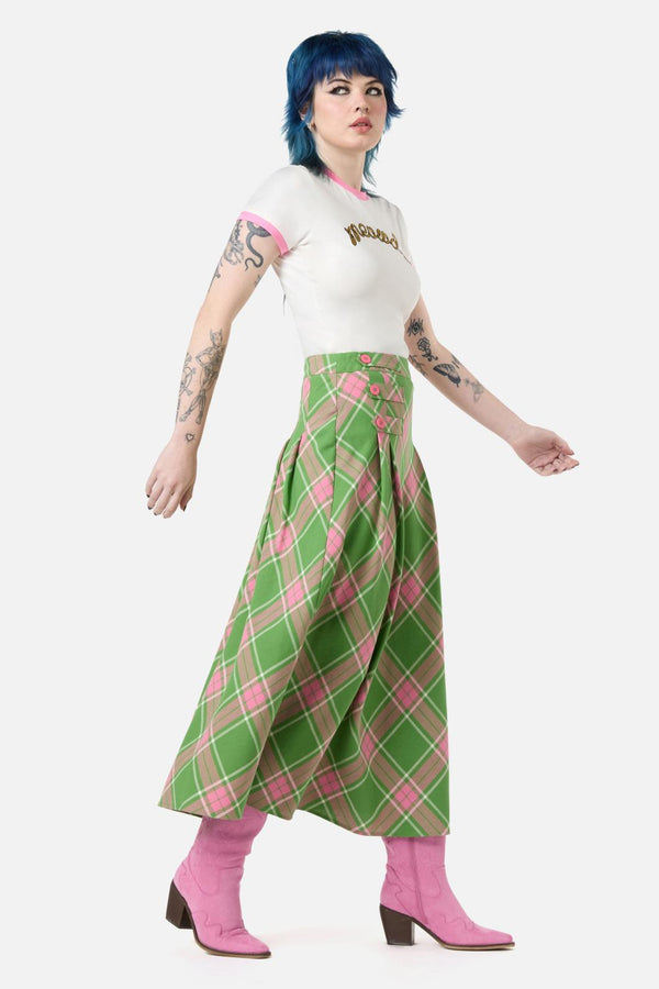 Dangerfield - Ranch Tartan Midi Skirt - green-pink