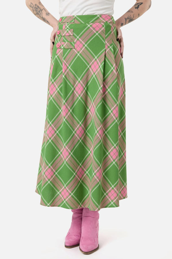 Dangerfield - Ranch Tartan Midi Skirt - green-pink