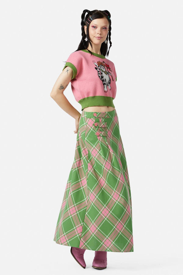 Dangerfield - Ranch Tartan Midi Skirt - green-pink