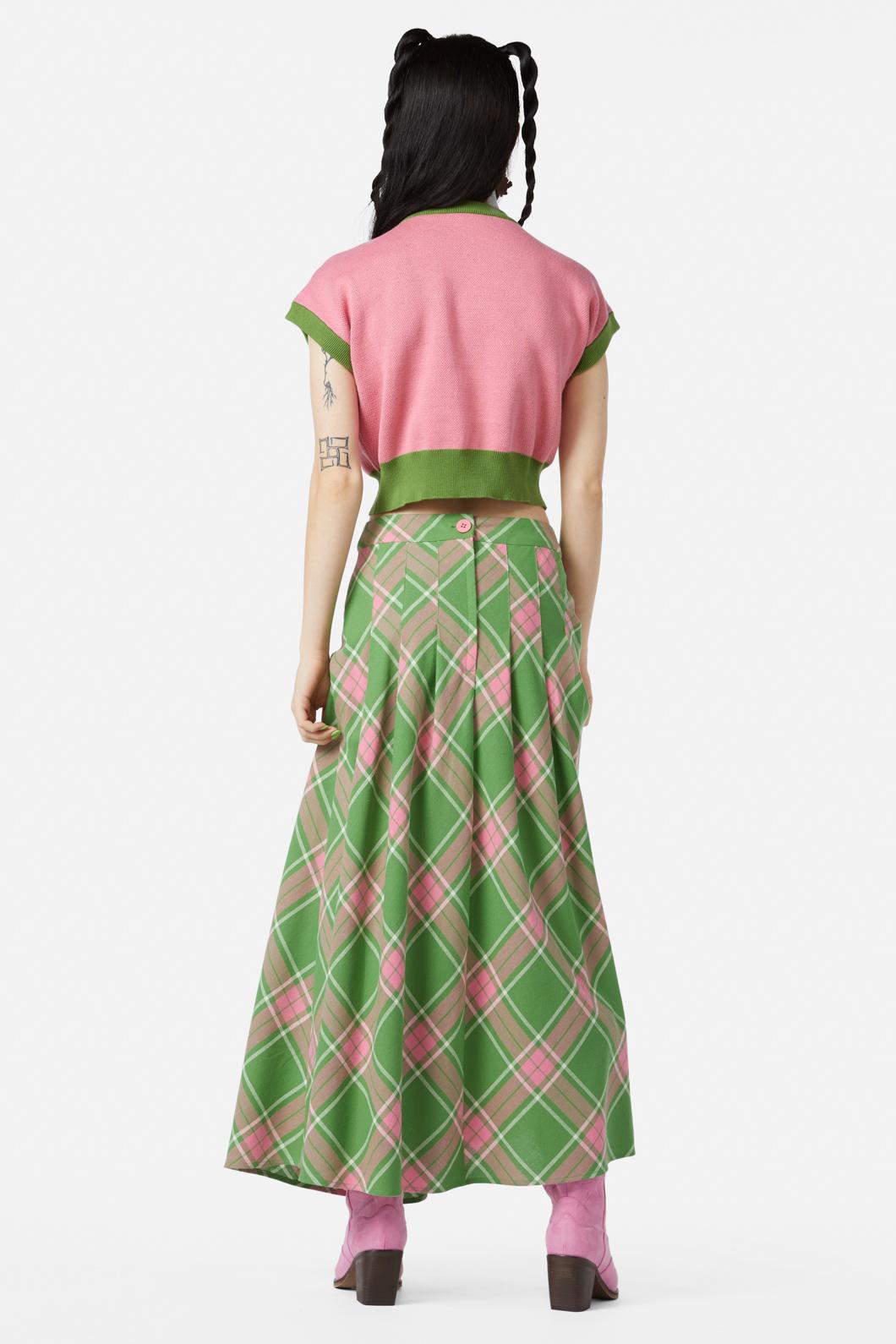 Dangerfield - Ranch Tartan Midi Skirt - green-pink