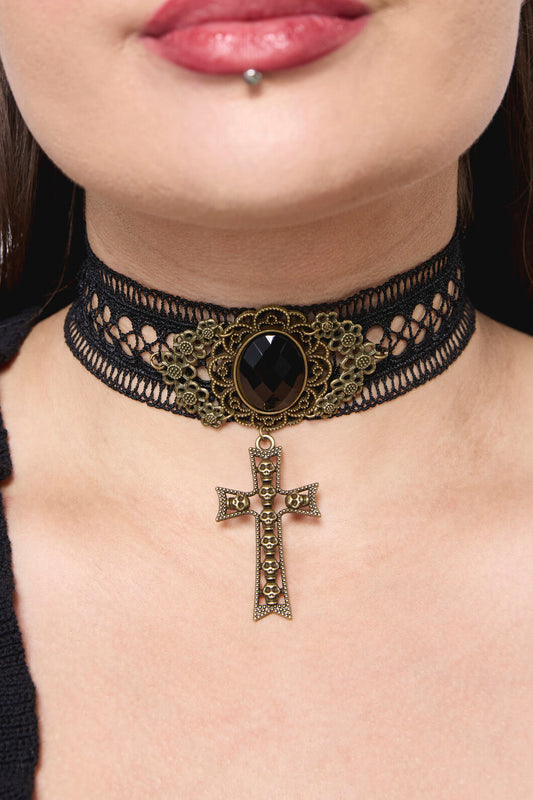 Dangerfield - Cross Skull Lace Choker - black