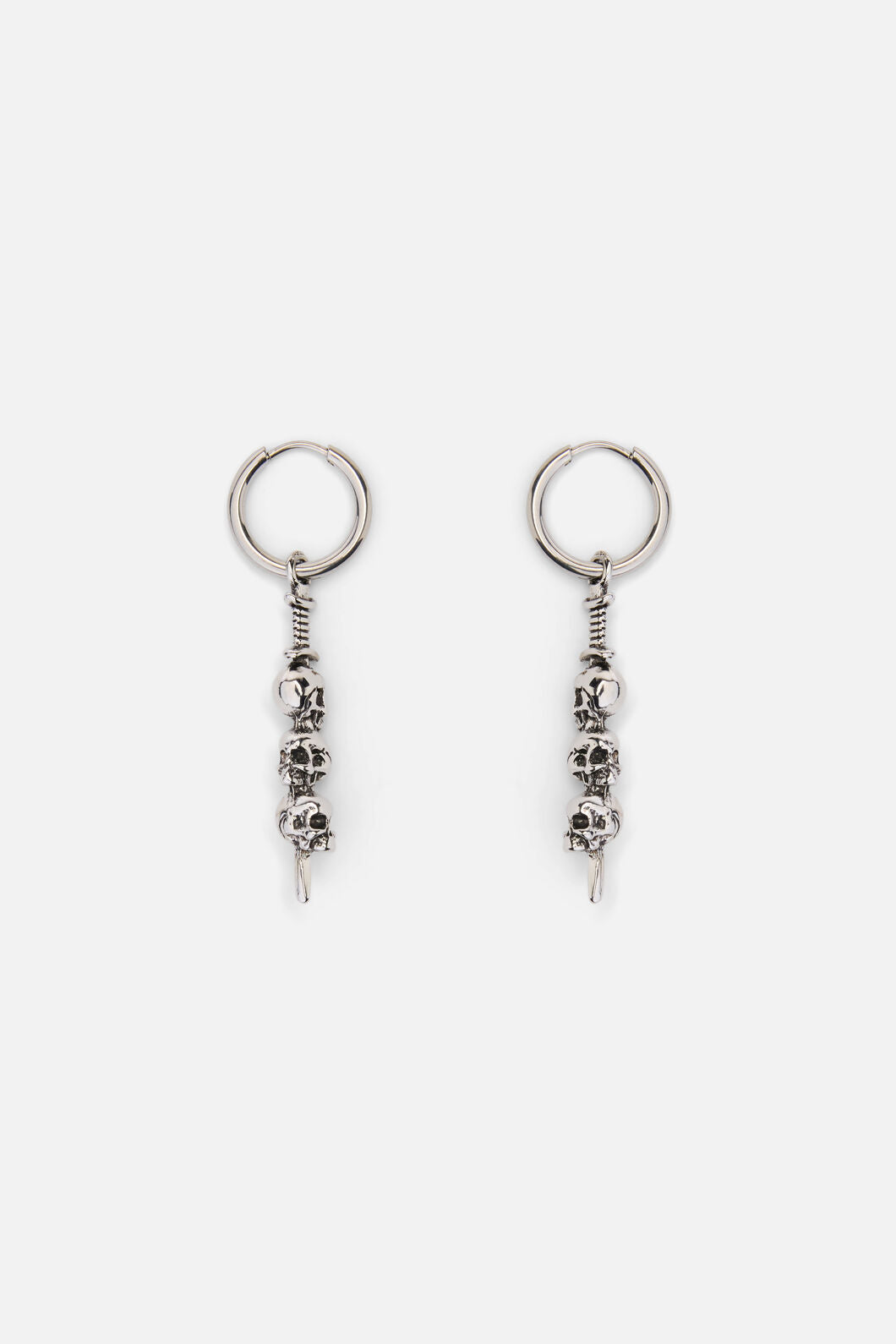 925 Sterling Silver Three Skulls On Sword Small Hoop Earrings - Gothic & Unique