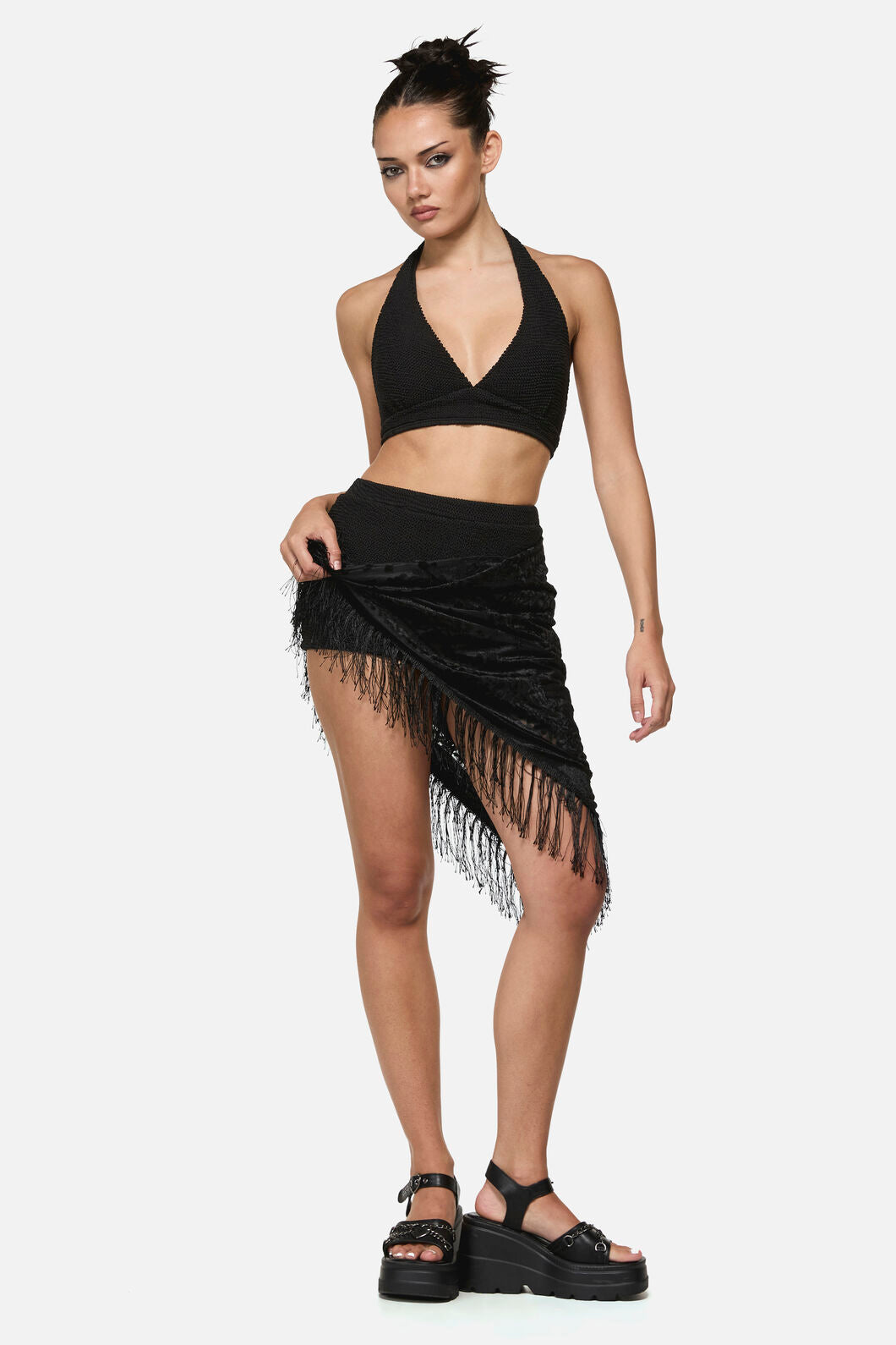 Dangerfield - Velvet Paisley Tassel Scarf - black