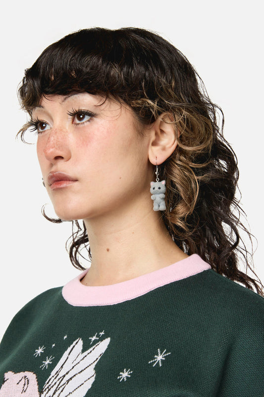 Dangerfield - Furry Grey Cat Earrings - grey