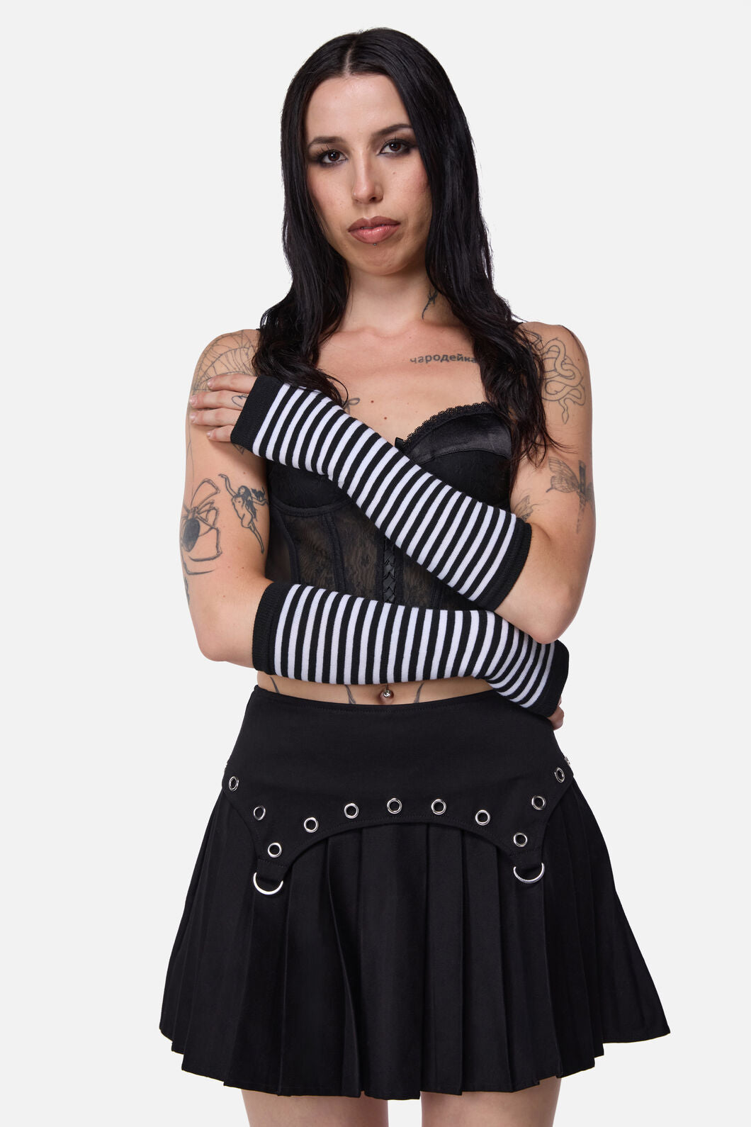 Dangerfield - Striped Long Fingerless Gloves - black-white