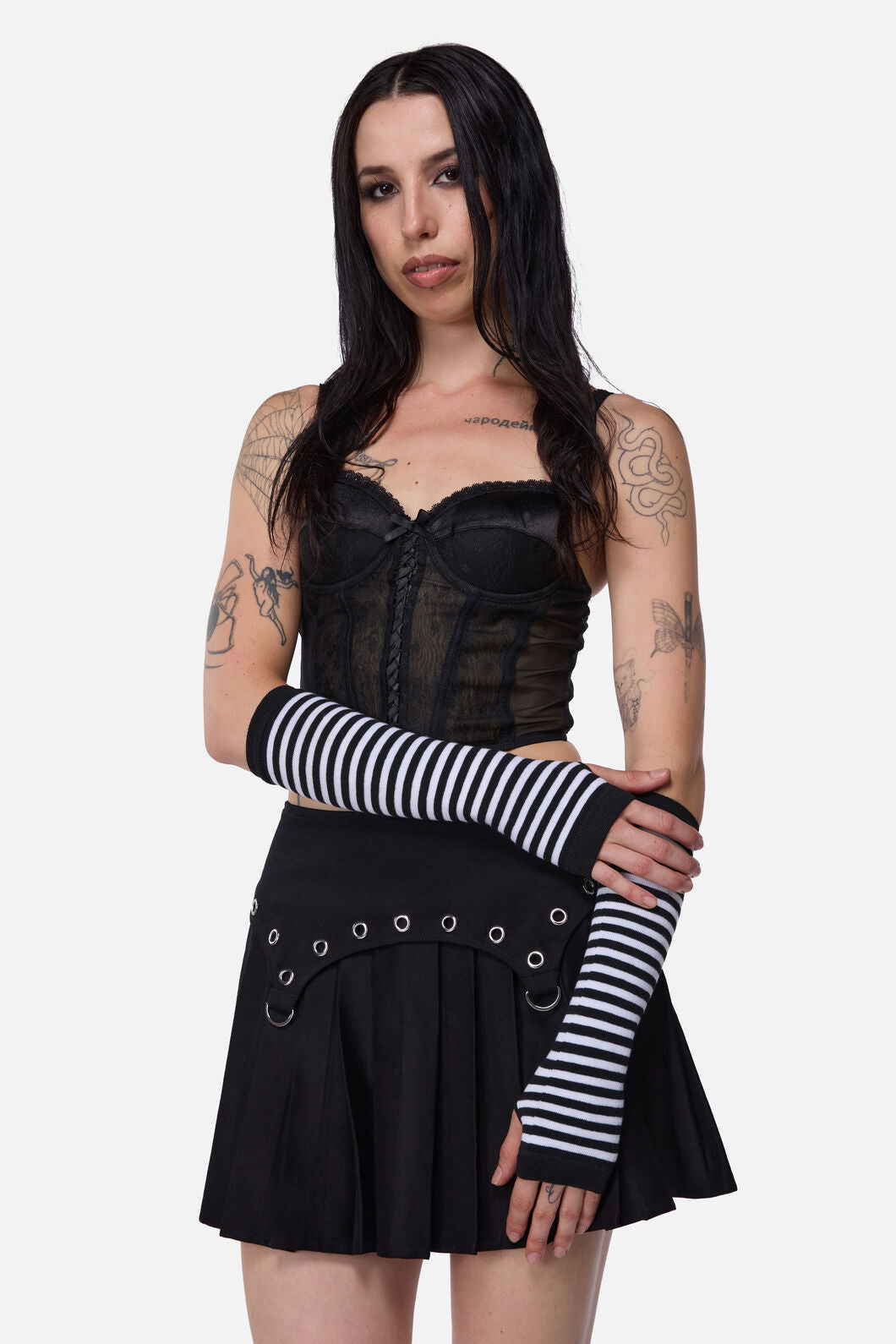 Dangerfield - Striped Long Fingerless Gloves - black-white