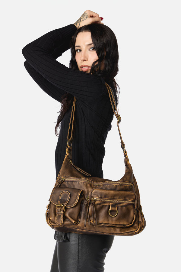 Dangerfield - Distressed Chocolate Zip Bag - chocolate