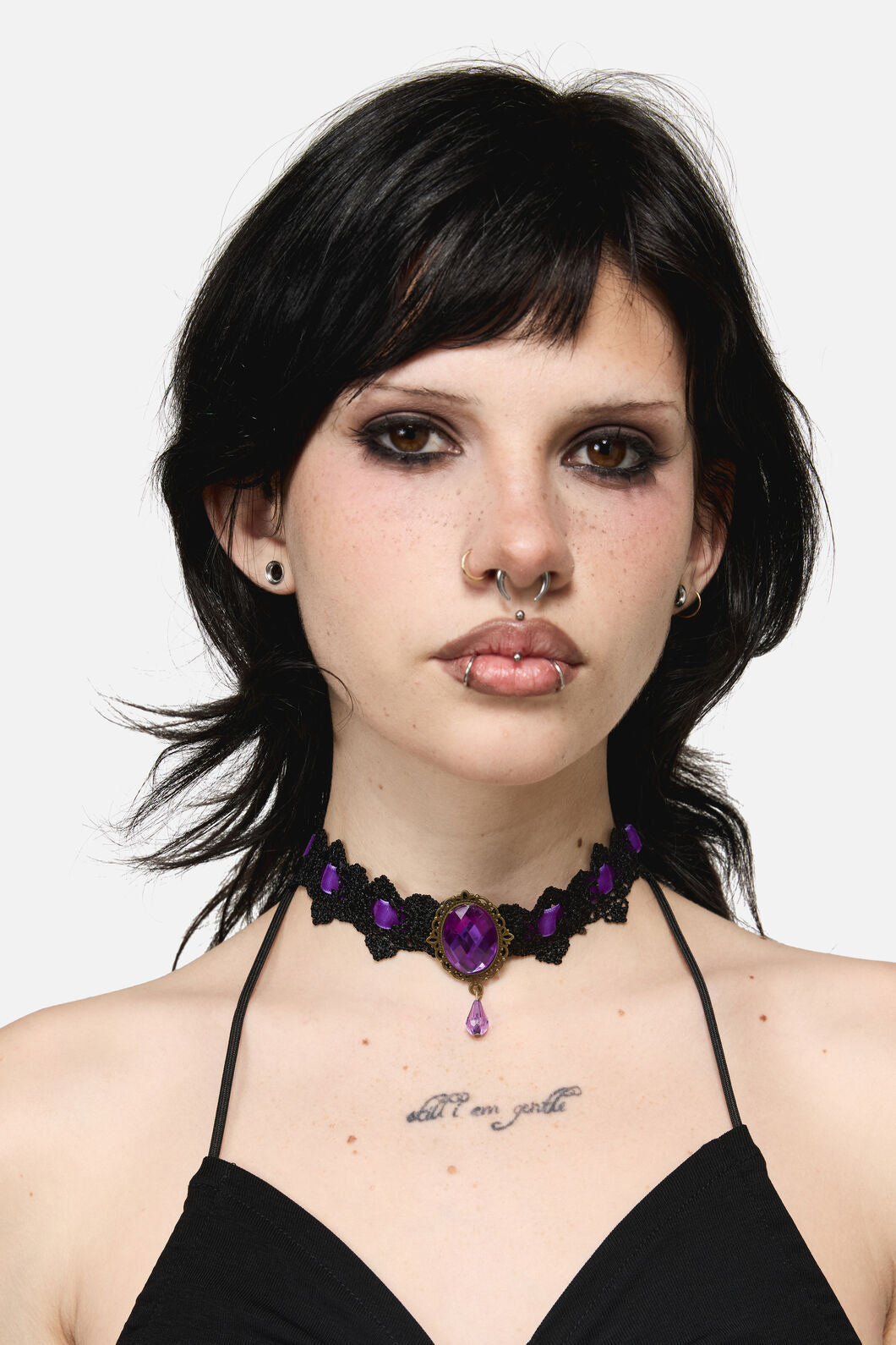 Dangerfield - Ribbon & Lace Choker - purple-black