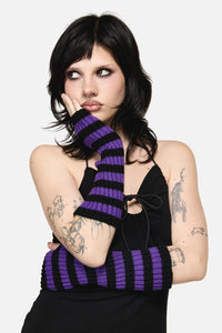 Dangerfield - Long Striped Rib Fingerless Gloves - purple-black