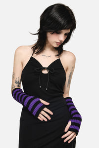 Dangerfield - Long Striped Rib Fingerless Gloves - purple-black