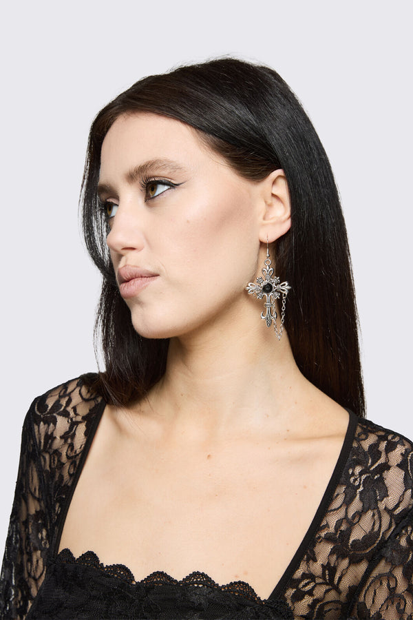 Dangerfield - Gothic Cross Chain Earrings - silver