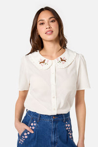 Princess Highway - Cute Dogs Embroidered Blouse - cream