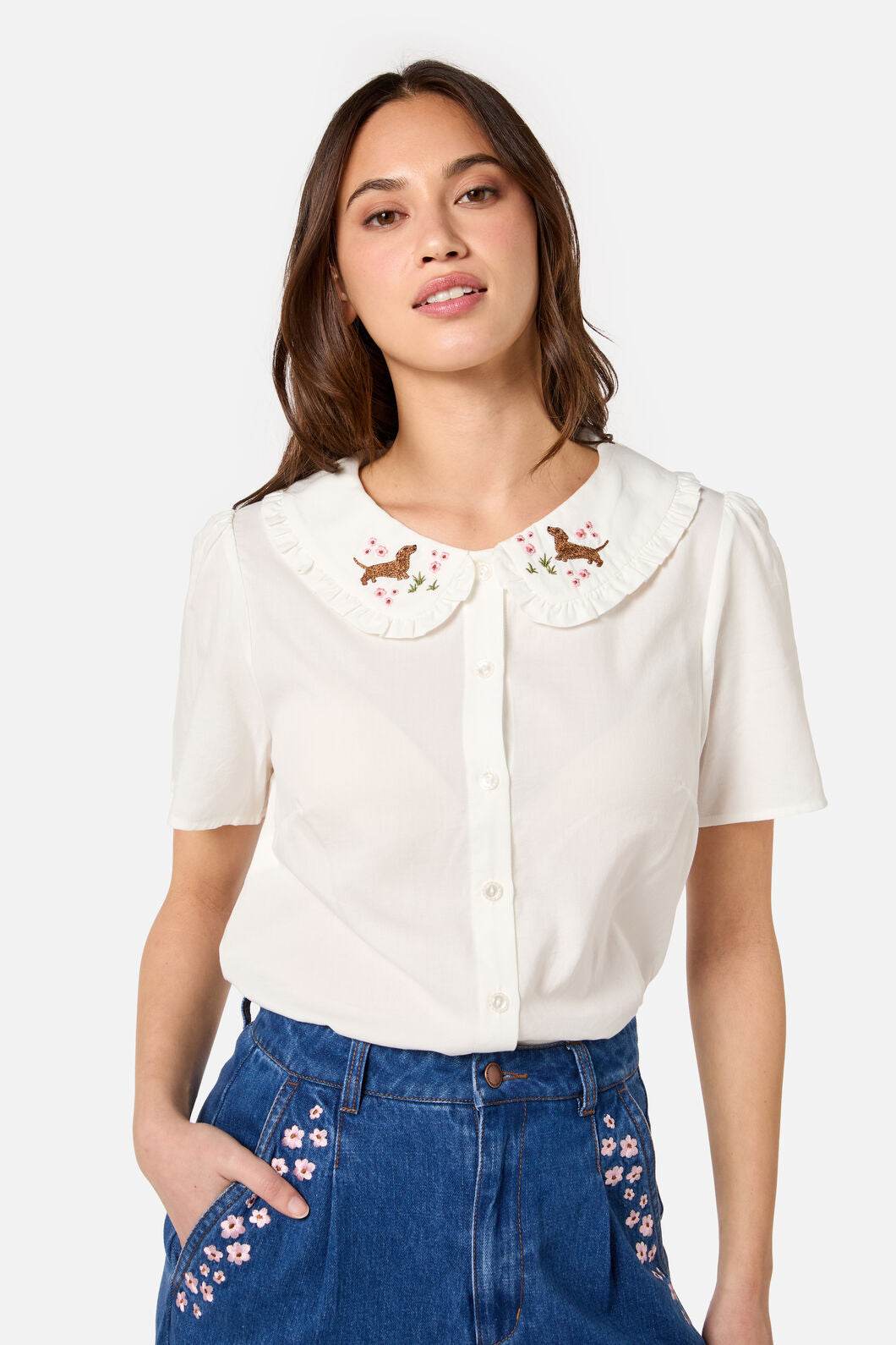 Princess Highway - Cute Dogs Embroidered Blouse - cream