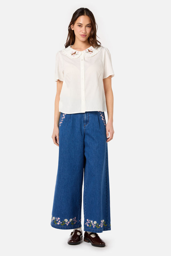 Princess Highway - Cute Dogs Embroidered Blouse - cream