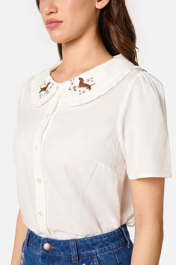 Princess Highway - Cute Dogs Embroidered Blouse - cream