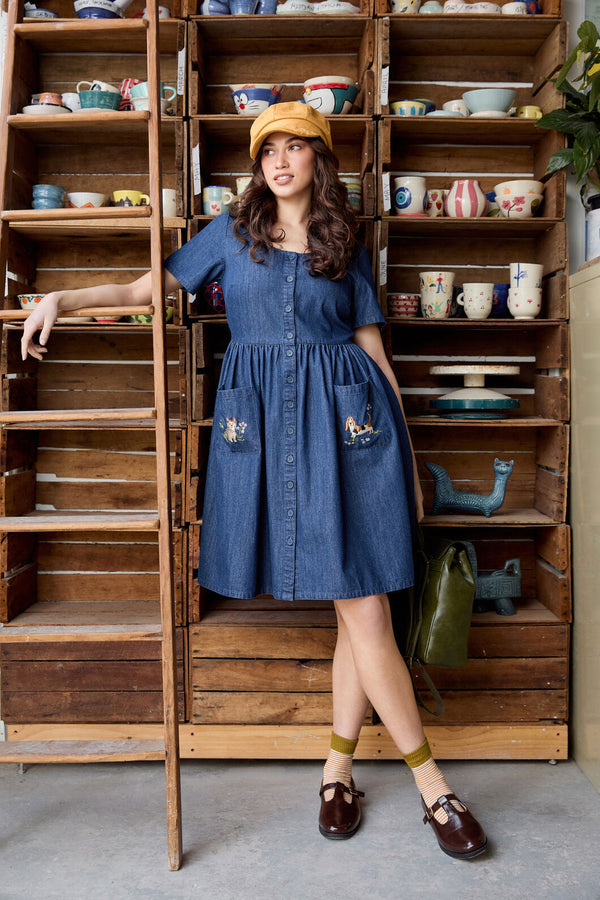 Princess Highway - Cute Dogs Embroidered Dress - mid-denim