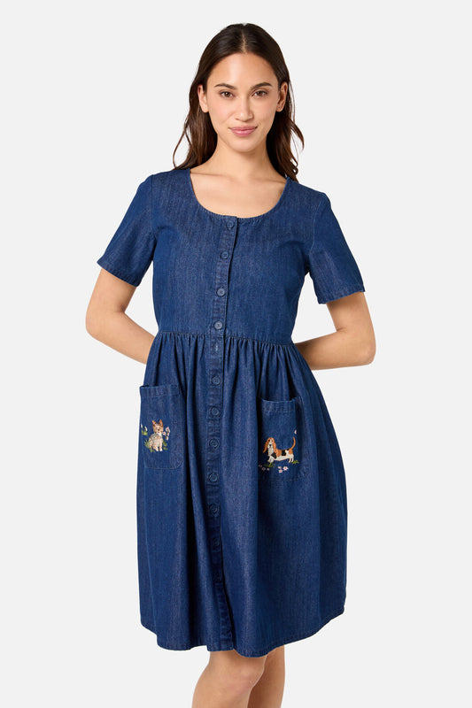 Princess Highway - Cute Dogs Embroidered Dress - mid-denim