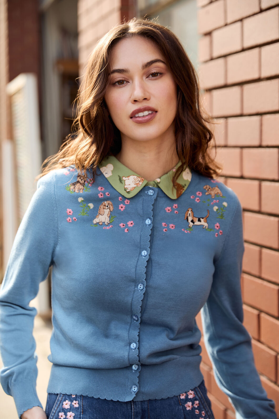 Princess Highway - Cute Dogs Embroidered Cardigan - blue