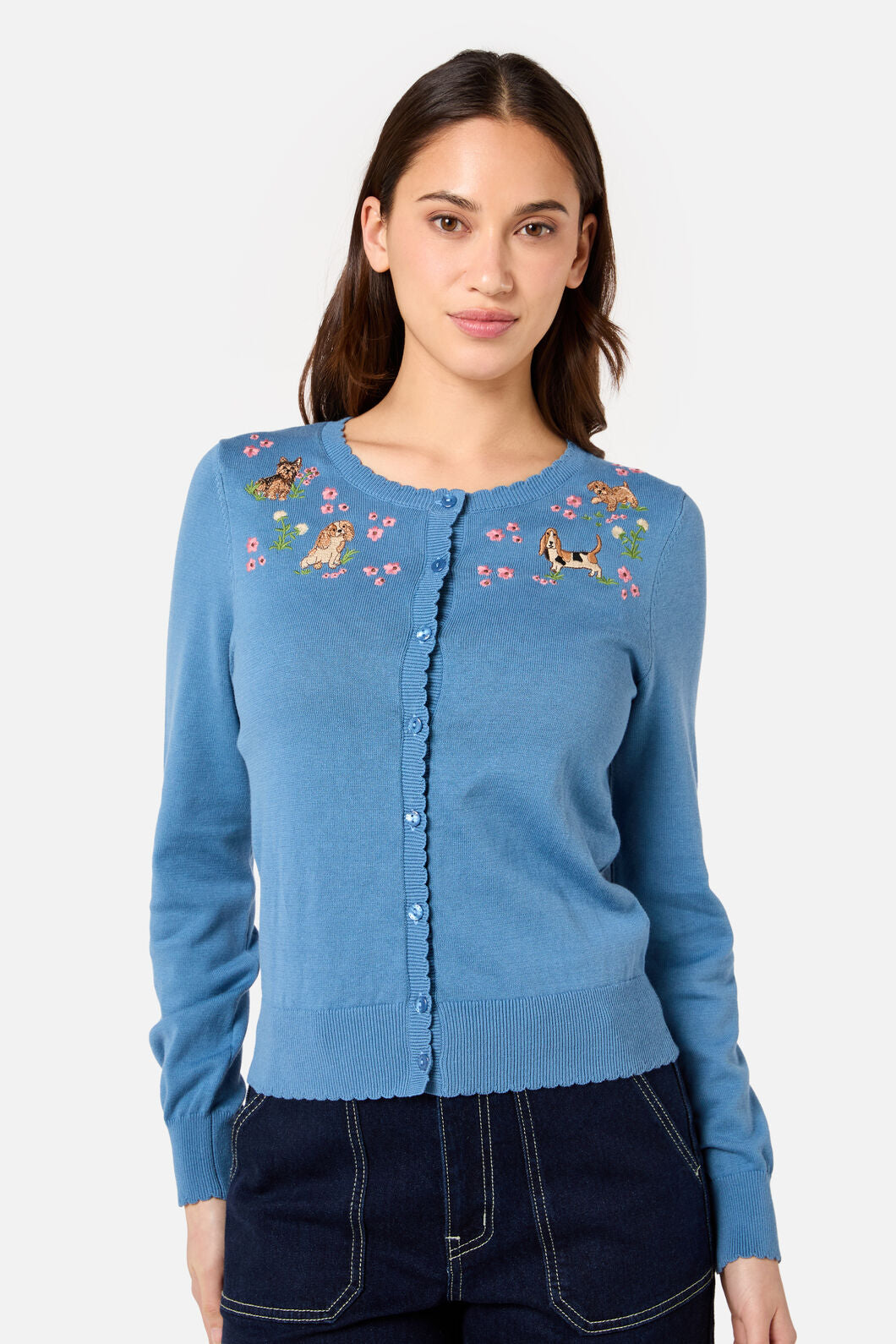 Princess Highway - Cute Dogs Embroidered Cardigan - blue