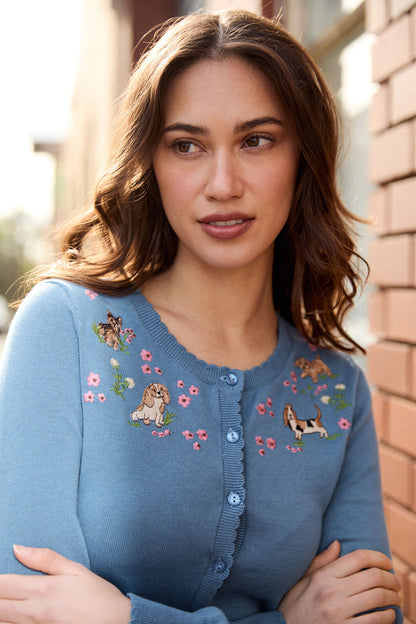 Princess Highway - Cute Dogs Embroidered Cardigan - blue