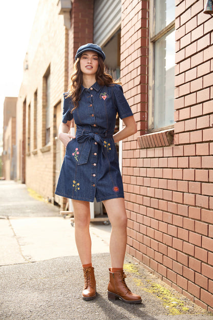 Princess Highway - Folk Art Denim Dress - mid-denim
