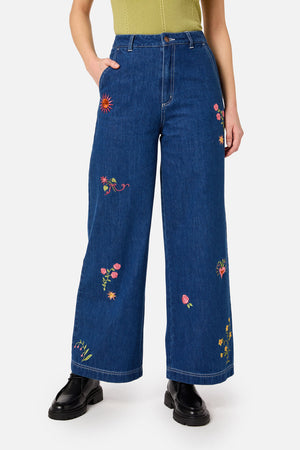 Princess Highway - Folk Art Embroidered Jean - blue-denim