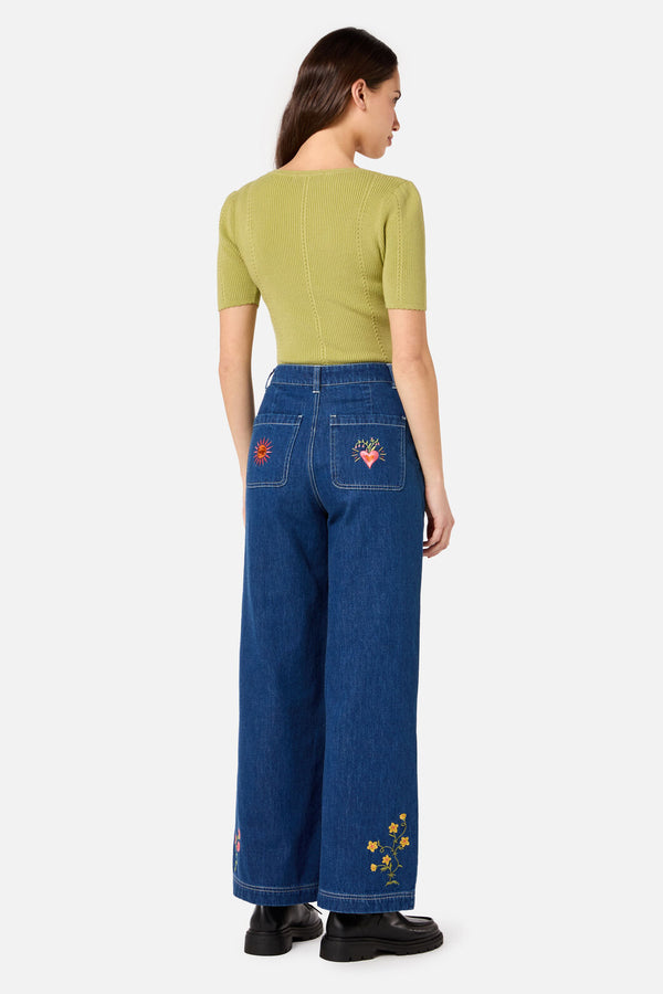 Princess Highway - Folk Art Embroidered Jean - blue-denim