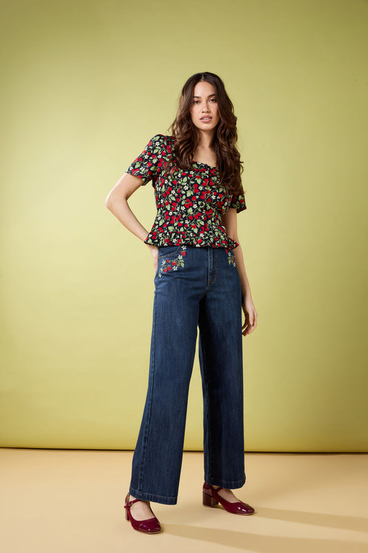 Princess Highway - Raspberry Embroidered Jean - blue-denim