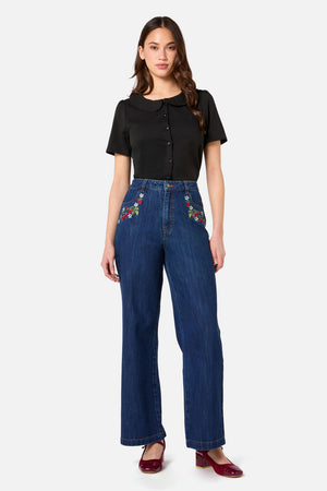 Princess Highway - Raspberry Embroidered Jean - blue-denim