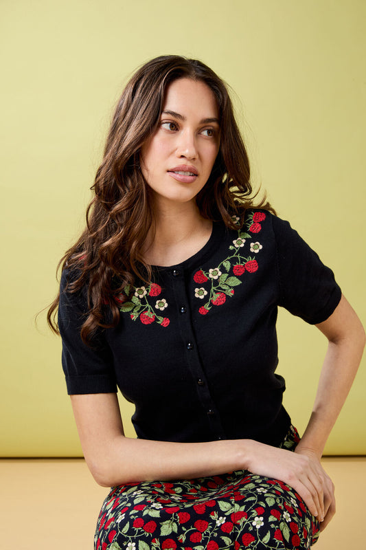 Princess Highway - Raspberry Embroidered Cardigan - navy