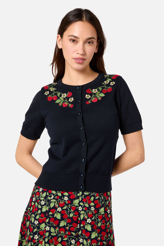 Princess Highway - Raspberry Embroidered Cardigan - navy