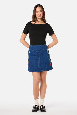 Princess Highway - Fleur Embroidered Denim Skirt - blue-denim