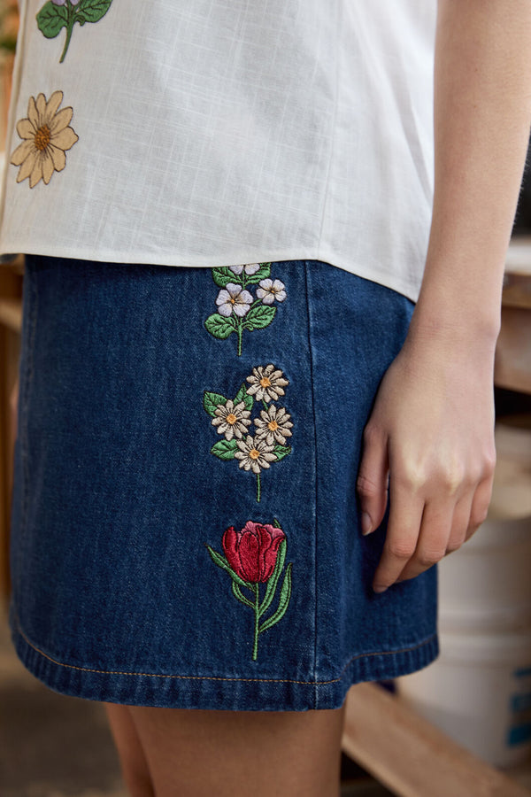 Princess Highway - Fleur Embroidered Denim Skirt - blue-denim